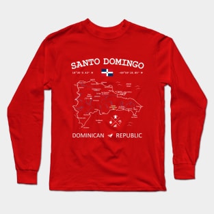 Dominican Republic Flag Travel Map Santo Domingo Coordinates Roads Rivers and Oceans White Long Sleeve T-Shirt